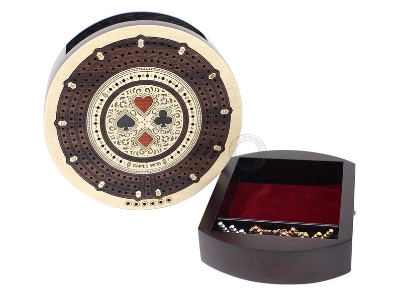 House of Cribbage - Round Shape 3 Track Non-Continuous Cribbage Board - Push Drawer Storage for Pegs and 1 Deck of Cards with Score Marking Fields for Won Games (Maple Wood/Rosewood) - Image 5